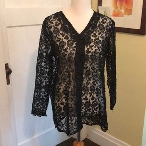 Vintage black lace & pearl button up blouse.